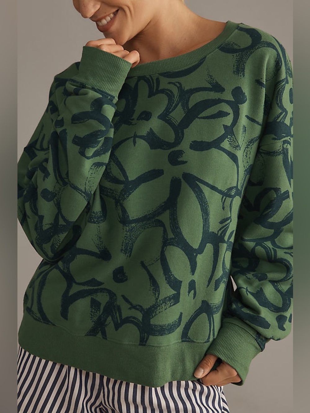 Maeve Sketchy Floral Cotton Sweatshirt Graphic Green/Black Size XS